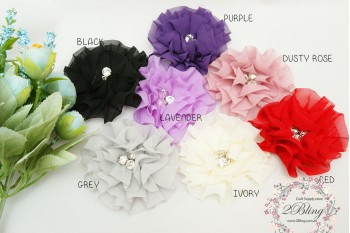 Chiffon flower with three rhinestones, 8cm Pack of 2